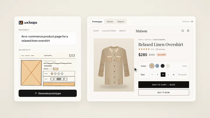 UXLoops: a clickable prototype with the research agent beside it.